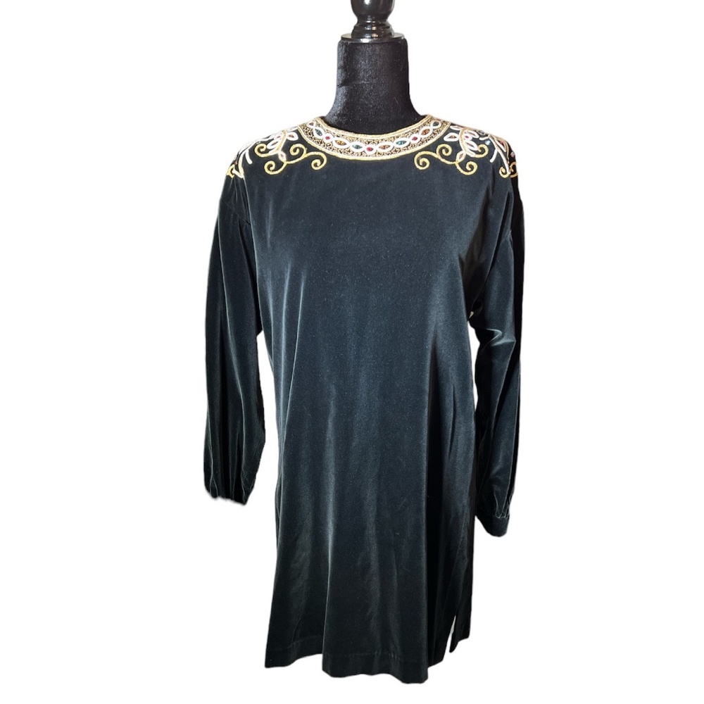 Mylesport - Vintage 80's Black Velvet Jeweled Rhinestone Tunic/Dress - Size 6